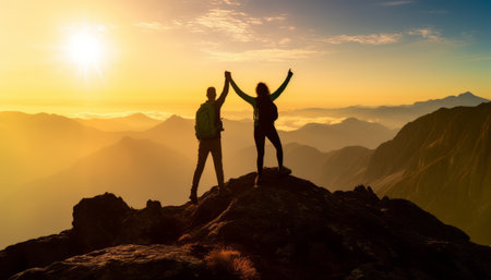 Silhouette of two happy young people with raised hands standing on top of the mountain in the rays of the rising sunの素材