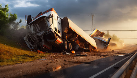 Truck crash on the highway in the evening. 3d renderingの素材