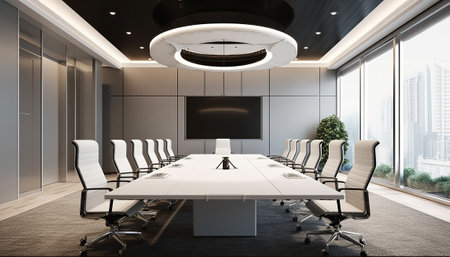 Modern conference room interior with city view and daylight. 3D Renderingの素材