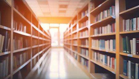 Blurred image of bookshelf with books in the library.の素材