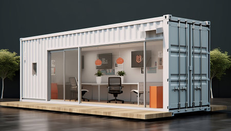 3d rendering of a warehouse with a desk and a chair.の素材