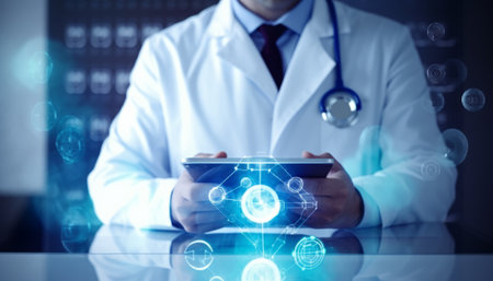 Medical doctor working with smart phone and stethoscope on dark backgroundの素材