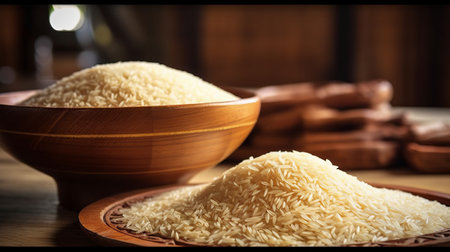 Rice in wooden bowl on wooden table. Selective focus.の素材