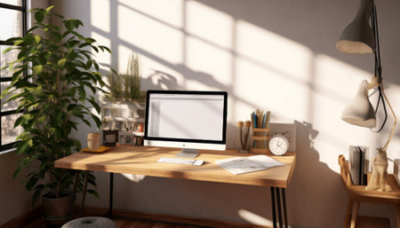 Modern workspace with computer on wooden table. Mock up, 3D Renderingの素材