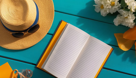 Top view of open notebook, sunglasses and hat on blue wooden backgroundの素材