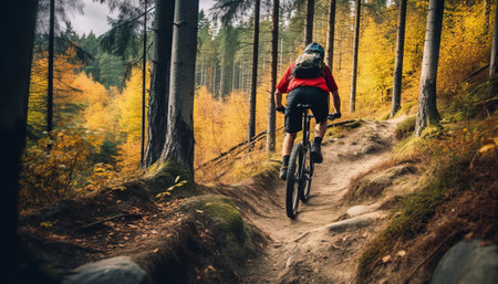 Cyclist Riding the Mountain Bike on the Trail in the Beautiful Autumn Forest.の素材