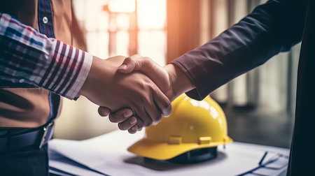 Close up of engineer and architect shaking hands with each other on construction site.の素材