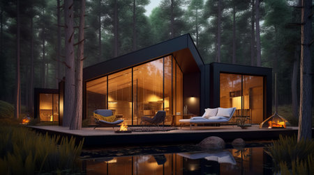 3d rendering of modern cozy chalet with pool and parking for sale or rent in beautiful forest. Dark forest background. Summer night.の素材