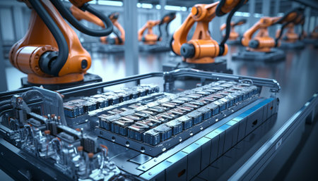 Smart industry robot arms for digital factory production technology showing automation manufacturing process of the Industry 4.0 or 4th industrial revolution and IOT software to control operation.の素材