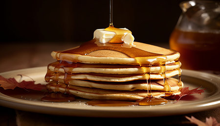 Stack of pancakes with maple syrup and maple leaves on wooden table.の素材