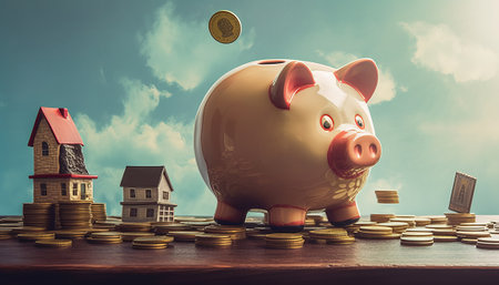 Piggy bank with house and coins on wooden table against blue skyの素材