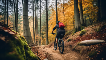 Cyclist Riding the Bike on the Trail in the Beautiful Autumn Forestの素材