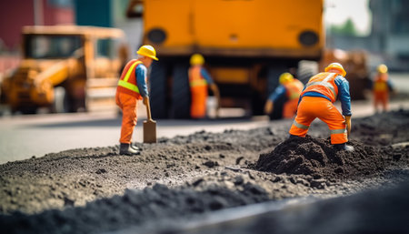 Workers are working on a road construction site. Selective focus.の素材