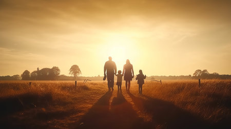 Silhouette of family walking on the road in the field at sunsetの素材