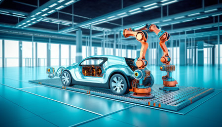 3d rendering of robot arm with car in factory for assembly lineの素材