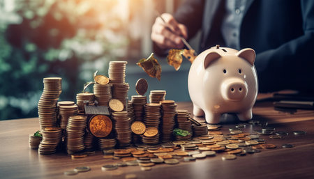 Businessman hand putting coins in piggy bank and saving money for future.の素材