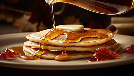 Pancakes with maple syrup and honey on a dark background.の素材