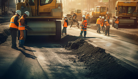 Group of construction workers working on road construction site. Selective focus.の素材