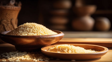 Rice in a wooden bowl on a wooden table. Close up.の素材
