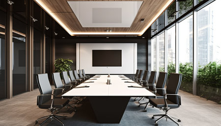 Modern conference room interior with furniture and city view. 3D Renderingの素材