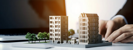 Real estate agent working with model of city on table. Mixed mediaの素材