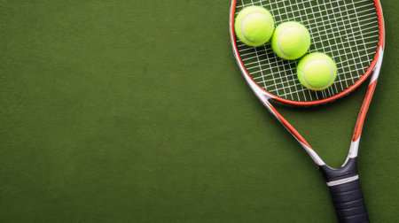 Tennis racket and balls on green background. Top view with copy spaceの素材