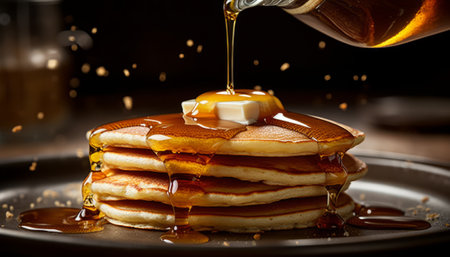 Pouring maple syrup over a stack of pancakes with honey and butterの素材