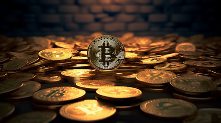 Digital currency physical gold bitcoin coin on pile of gold coins. Cryptocurrency concept.の素材