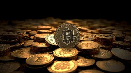 Bitcoin coins on a dark background. Digital currency. Cryptocurrency.の素材