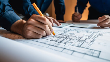 Architect and engineer working on blueprint at office desk. Construction concept.の素材