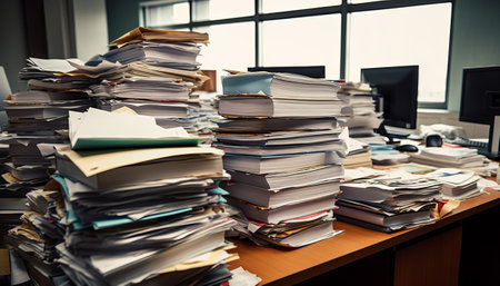 Pile of unfinished documents on the table in office. Stack of business papers.の素材