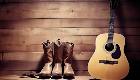 Cowboy boots and guitar on a wooden background with copy space.の素材