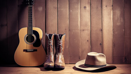 Cowboy boots, cowboy hat and acoustic guitar on wooden background.の素材