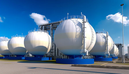 oil tanks in a refinery - industrial 3D illustration of oil storageの素材