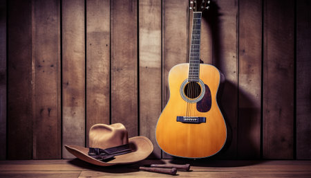 Guitar and cowboy hat on wooden background. Music concept.の素材