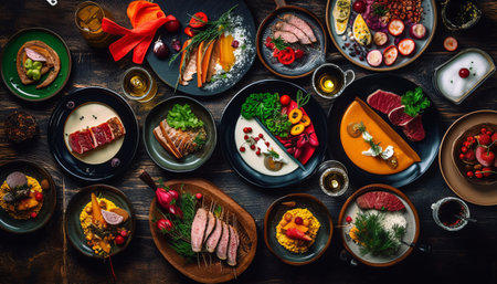 Top view of different types of gourmet dishes served on wooden tableの素材