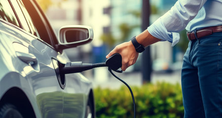 Close up of a man charging electric car at the gas station.の素材