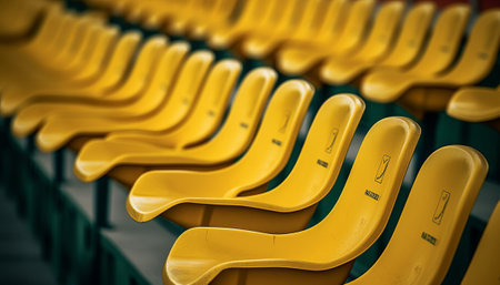 Yellow seats in the stadium, closeup of photo with shallow depth of fieldの素材