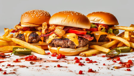 Cheese burger - American cheese burger with Golden French fries and vegetablesの素材