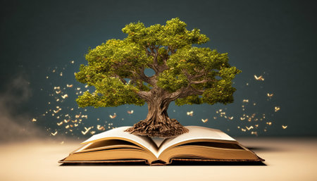 Tree growing from an open book, concept of education and knowledge.の素材