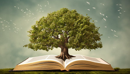 Tree growing from an open book with flying birds in the background.の素材