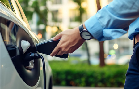 Close-up of a man charging an electric car in the cityの素材