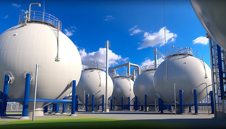 oil refinery with blue sky and white clouds 3d rendering image.の素材