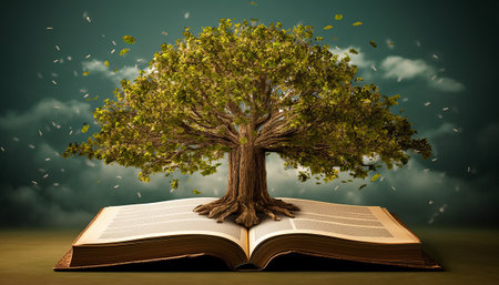 Tree growing from an open book, concept of knowledge, wisdom and educationの素材