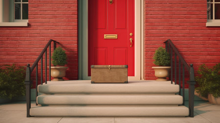 3D rendering of a red door with a brown casket in front of itの素材
