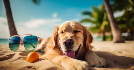 Golden Retriever dog lying on the sand with sunglasses and orangeの素材