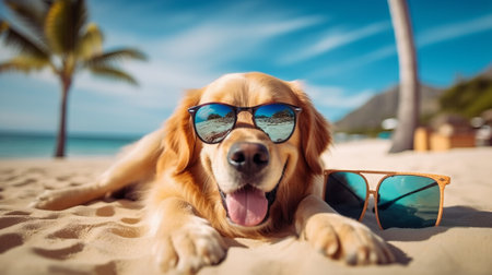 Cute Golden Retriever dog with sunglasses lying on the beachの素材