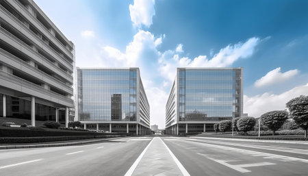 modern office building and road,blue toned image,business conceptの素材