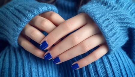 Female hands with blue nail design. Female hands with blue nail polish manicure.の素材