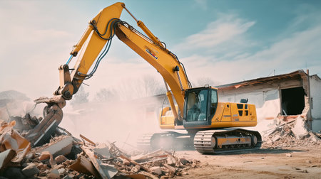 Excavator working at demolition site. Excavator digs the ground for building a new house.の素材